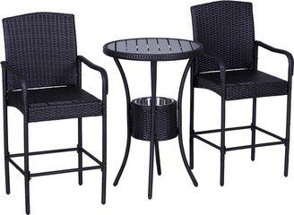 Rattan Wicker Bar Set for 3 Pcs with Ice Buckets, Patio Furniture with 1 Bar Table and 2 Bar Stools for Poolside, Backyard, Porches