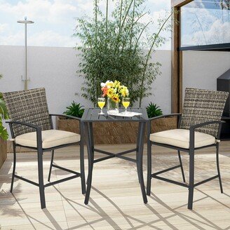 3-Pieces Patio Rattan Bar Set with Slat Table and 2 Cushioned Stools