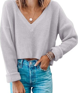 Jumppmile Women's V Neck Waffle Knit Cropped Top Long Sleeve Pullover Crop Sweater Pale M