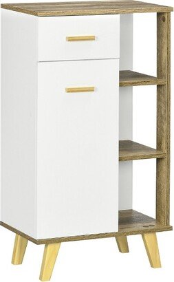 kleankin Bathroom Floor Storage Cabinet with Drawer and Shelves, White/Natural