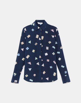 Plus Size Postage Stamp Print Silk Crepe De Chine Blouse