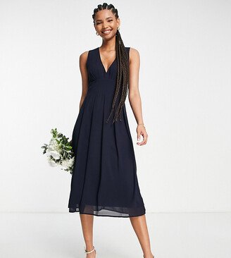 TFNC Tall Bridesmaid chiffon v front midi dress with pleated skirt in navy