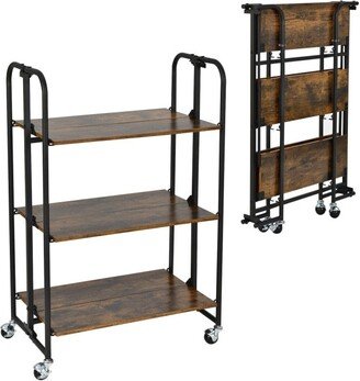 3-Tier Folding Kitchen Utility Serving Island Cart with Storage Shelves-Rustic Brown - 26 x 16 x 39.5