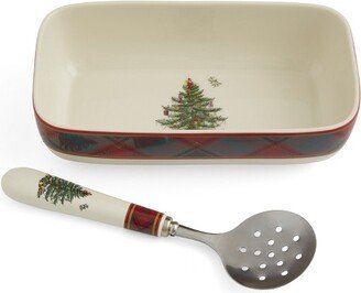 Christmas Tree Tartan Rectangle Server with Slotted Spoon - 8 Inch