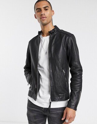 Cora slim fit zip through leather jacket in black
