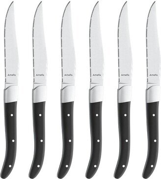 Royal Steak Knives, Set of 6, Premium Hardened Stainless Steel, Triple Rivet Black Ergonomic Handle Design, Serrated Edge 4 Blade Steak Knife