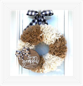 Grateful Wreath, Fall Natural & White Wreaths, Front Door Autumn Decor Door Decoration