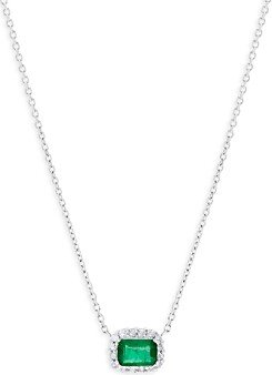 Emerald & Diamond Halo Pendant Necklace in 14K White Gold, 16