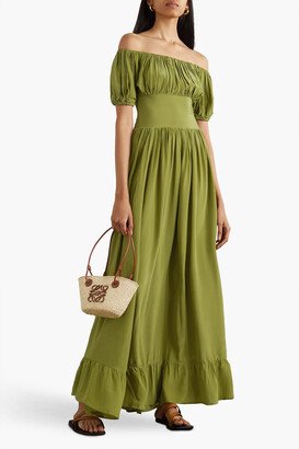 Off-the-shoulder shirred silk-satin maxi dress