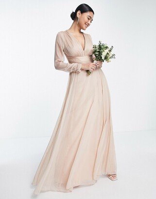 Bridesmaid ruched waist maxi dress with long sleeves and pleat skirt in light pink