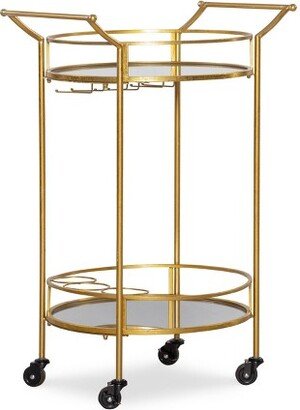 Round Metal Frame 2 Mirrored Glass Shelves 3 Glass and 3 Bottle Holders Locking Wheels Bar Cart Gold