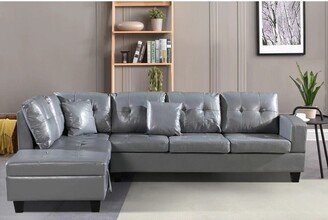 EDWINRAYLLC Grey Faux Leather Sofa Set Living Room Upholstered Couch with Storage Ottoman Chaise and foldable backrest with 2 Cupholder