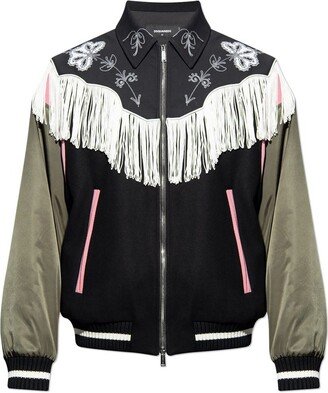 Frayed-Trim Zipped Bomber Jacket