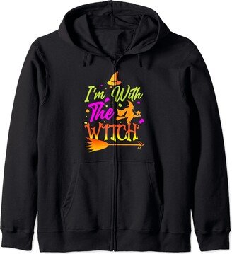 I'm With The Witch Halloween Husband Wife Gift Halloween Matching Couples Costume I'm With The Witch Funny Zip Hoodie