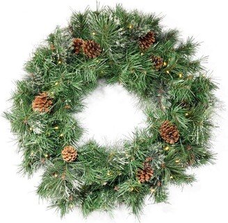 24 Cashmere Pine and Mixed Needles Warm White LED Artificial Christmas Wreath with Snowy Branches and Pinecones