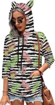 MENRIAOV Tropical Leaves Black White Striped Womens Cute Hoodies with Cat Ears Sweatshirt Pullover with Pockets Shirt Top 2XL