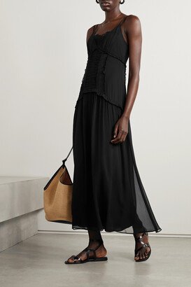 Lace-trimmed Gathered Silk-crepon Maxi Dress - Black