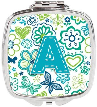 CJ2006-ASCM Letter a Flowers & Butterflies Teal Blue Compact Mirror