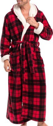 Alexander Del Rossa ADR Men's Warm Winter Robe, Plush Fleece Full Length Long Hooded Bathrobe Red Buffalo Check with Cream Large-X Large