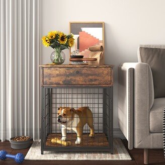 / Wooden Dog Crate Pet Kennel End Table Storage Console with 1 Drawer
