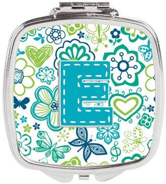 CJ2006-ESCM Letter E Flowers & Butterflies Teal Blue Compact Mirror