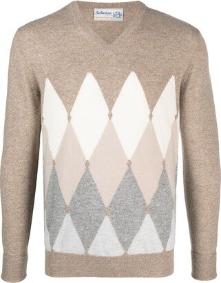 argyle-knit V-neck cashmere jumper