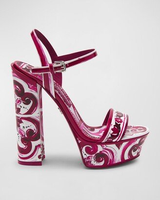 Printed Leather Ankle-Strap Platform Sandals