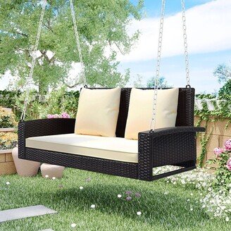 2-Person Hanging Wicker Porch Swing Chair with Chains, Cushion