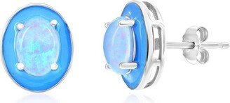 Sterling Silver White Opal & Blue Enamel Oval Studs