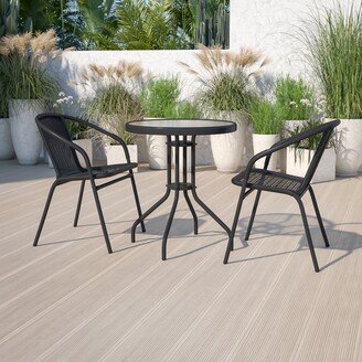 23.75 Round Glass Metal Table with 2 Rattan Stack Chairs - 23.75W x 23.75D x 28H - 23.75W x 23.75D x 28H