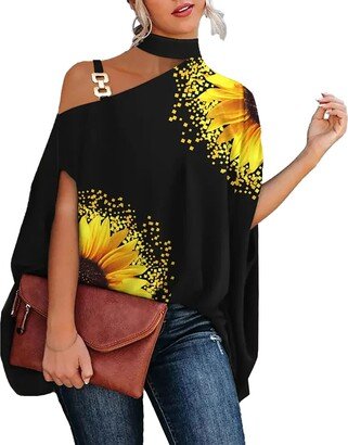 Ejoyous Women Turtleneck One Shoulder Top Shirt Hanging Half Turtleneck Blouse Sexy Charming Shirt Top Fashion Print Design Sensual Oversized Blouse(XL-Black Sunflower)