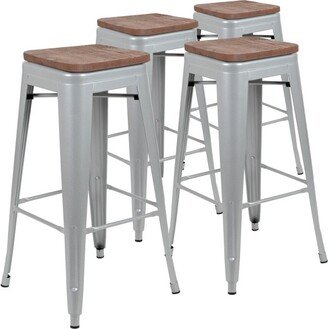 Emma and Oliver 30 High Metal Indoor Bar Stool with Wood Seat in Silver - Stackable Set of 4