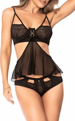 Strappy Mesh Bra, Panties & Skirt Set