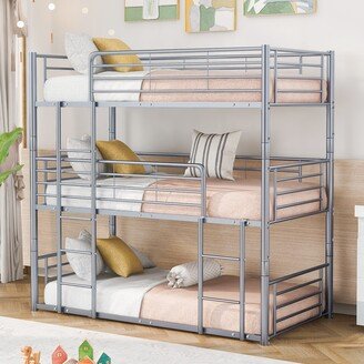 EDWINRAY Industrial Metal Triple Bunk Bed, Twin Size Bunk Bed with Built-in Ladder&Guardrails, Can Be Divided into 3 Separate Beds, Gray