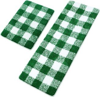 PiccoCasa Microfiber Plaid Bathroom Rugs Extra Soft Fluffy Absorbent Bath Mats for Bathroom Green and White 2 Pcs