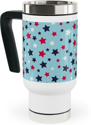 Travel Mugs: Scattered Stars - Blue Red And White Travel Mug With Handle, 17Oz, Blue
