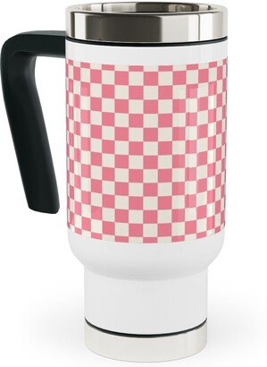 Travel Mugs: Checkered - Pink Travel Mug With Handle, 17Oz, Pink