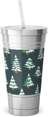 Travel Mugs: Winter Village Trees With Snow - Dark Stainless Tumbler With Straw, 18Oz, Green