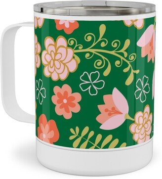 Travel Mugs: Fiesta Flowers - Green Stainless Steel Mug, 10Oz, Green