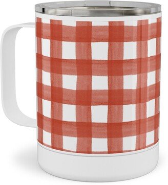 Travel Mugs: Red Watercolor Gingham Stainless Steel Mug, 10Oz, Red