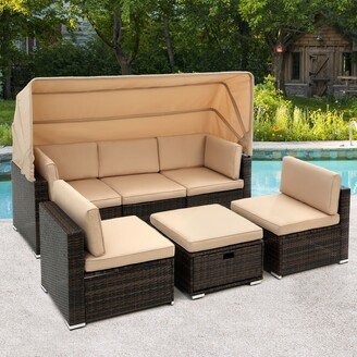 EDWINRAY Modern Outdoor Patio Sunbathing Sofa Set 6PCS Rattan Conversation Couch Sectional Chair Sofa Set with Roof, Beige