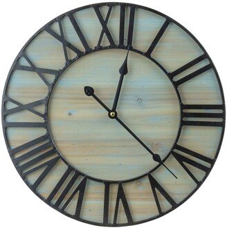 Large Decorative Round Wall Clock - Distressed Beige, Aqua Finish