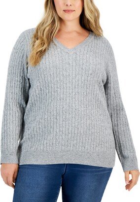 Plus Size Cable-Knit V-Neck Nep Sweater, Created for Macy's