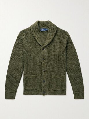 Shawl-Collar Ribbed Distressed Linen and Cotton-Blend Cardigan