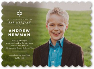 Bar/Bat Mitzvah Invitations: Pure Text Bar Mitzvah Invitation, White, 5X7, Pearl Shimmer Cardstock, Scallop