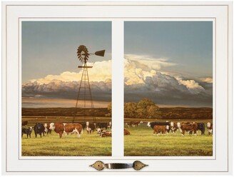 Summer Pastures Holstein cows with windmill by Bonnie Mohr, Ready to hang Framed Print, White Window-Style Frame, 19