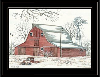 Winter Barn with Pickup Truck by Cindy Jacobs, Ready to hang Framed Print, Black Frame, 19 x 15