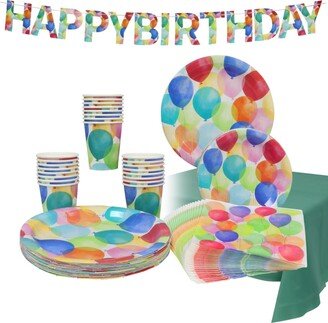 Puleo Disposable Birthday Party Set, Serves 24, with Large and Small Paper Plates, Paper Cups, Straws, Napkins, Tablecloth and Banner