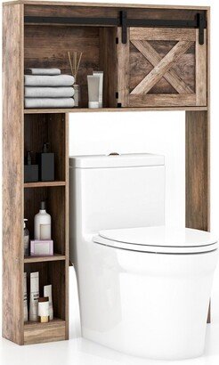 Tangkula Freestanding Over The Toilet Storage Cabinet Bathroom Cabinet with Sliding Barn Door & Storage Shelves Rustic