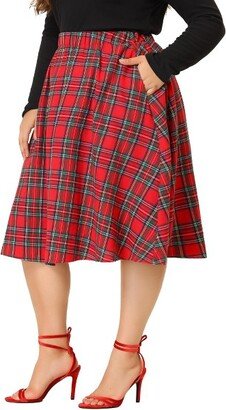 Agnes Orinda Women's Plus Size Velvet Plaid A-Line Elastic Waist Flare Skirts Red 1X